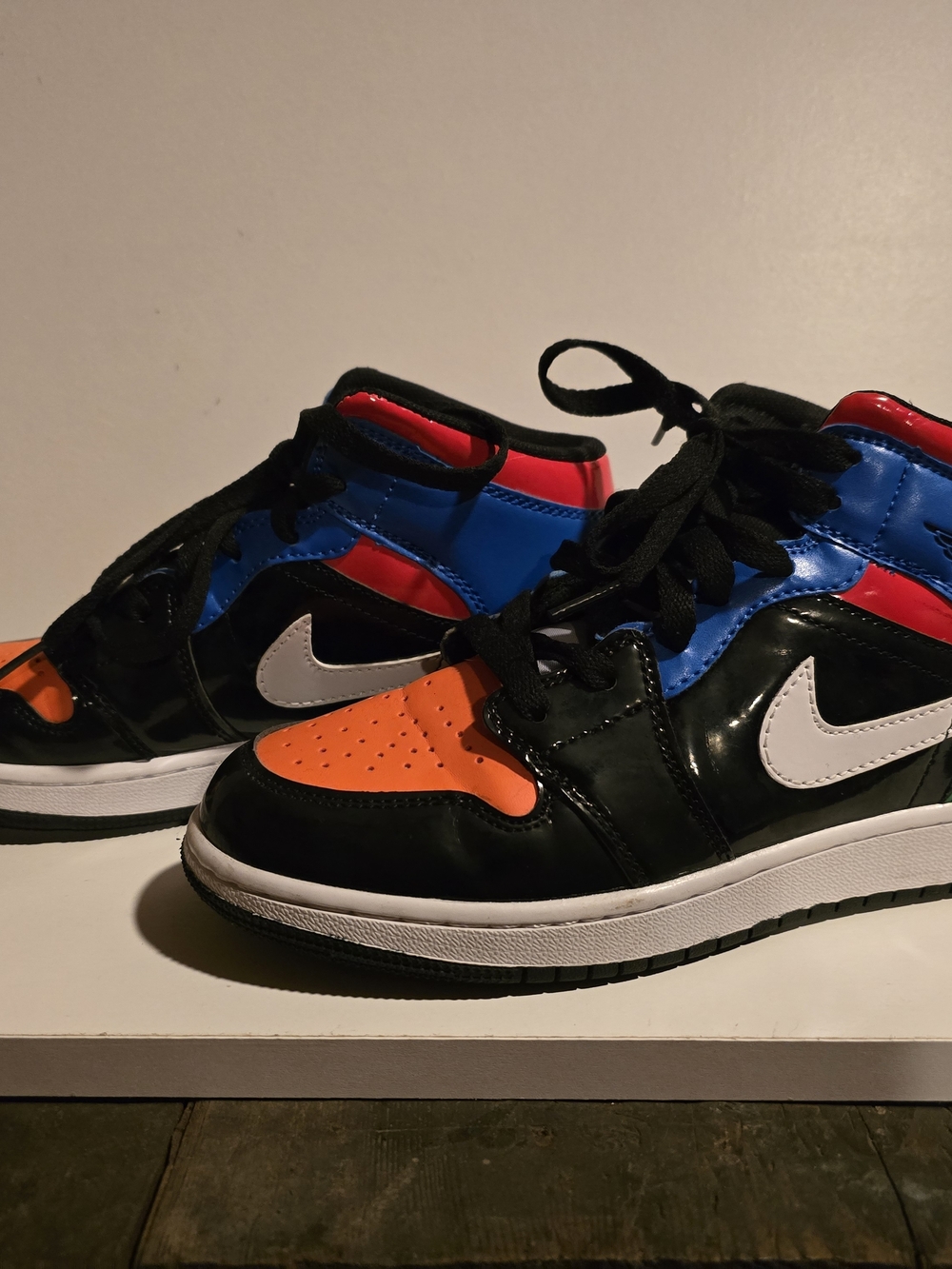 Jordan High-Top Sneakers in Black, Orange, Blue and Red - White Swoosh